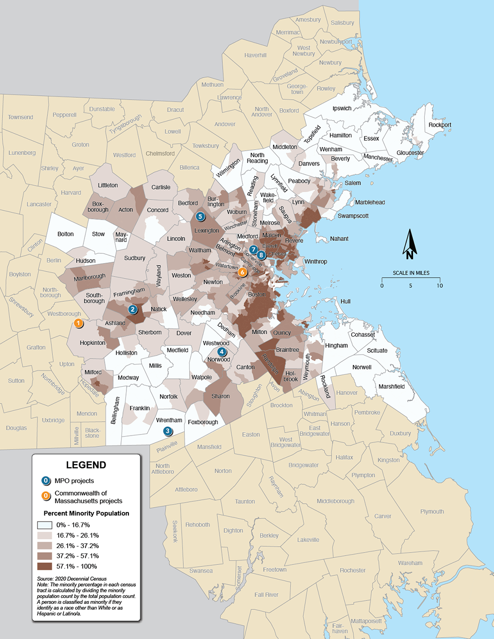 This figure is a map of the Boston region that displays the locations of Recommended Plan projects and census tracts shaded by their share of minority population. This figure is a map of the Boston region that displays the locations of Recommended Plan projects and census tracts shaded by their share of minority population.